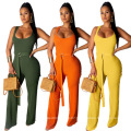 2021 Summer wholesale fashionable casual ladies rompers sexy women back zipper bandage belt solid halter bodycon jumpsuit